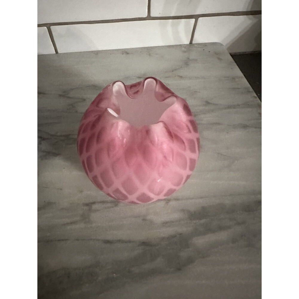 Antique Pink Satin Diamond Quilted Rose Bowl Victorian Cased Art Glass Vase
